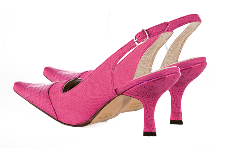 Fuschia pink women's slingback shoes. Pointed toe. High spool heels. Rear view - Florence KOOIJMAN